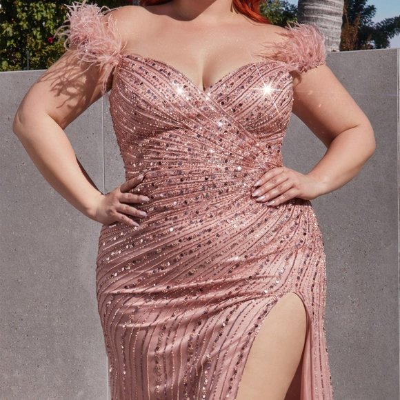 NEW LONG SHEATH SEQUIN & FEATHER OFF THE SHOULDER GOWN WITH ZIPPER BACK CD0207 - Picture 1 of 8